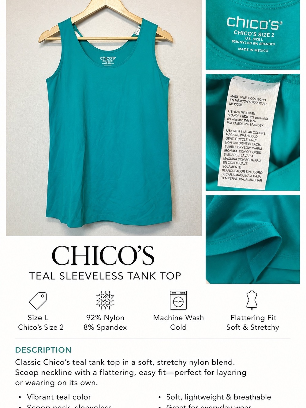 Chico's Teal Scoop Neck Tank Top